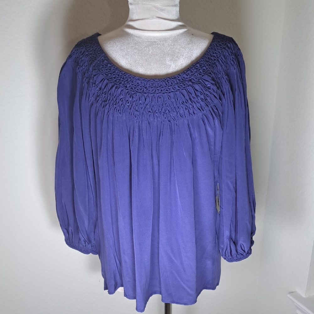 Karen Kane Women’s Top Silk NWT Pheasant Balloon Sleeve Blue Smocked Neck  XL